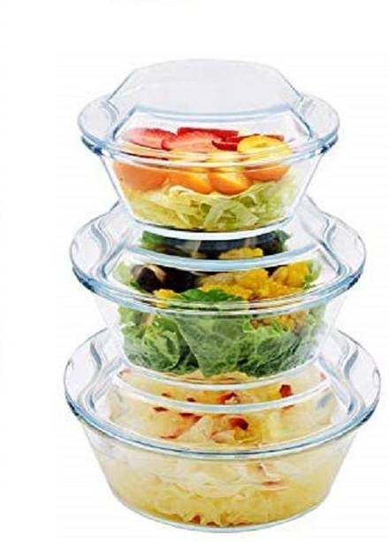 फेस्टडेको Borosilicate Round Glass Vegetable Serving Microwave Safe Casserole 3 का पैक सर्व कैसरोल सेट