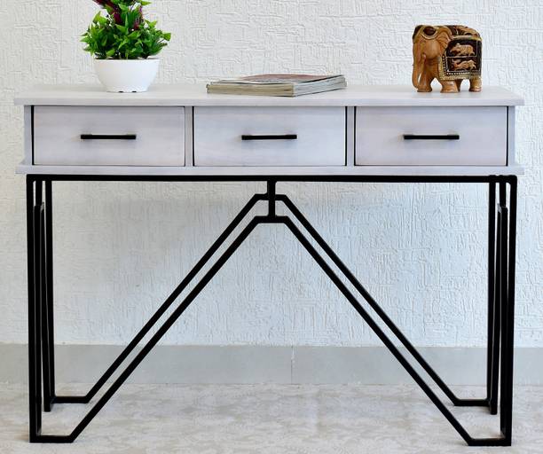 SamDecors Solid Wood 3 Drawer CASINO Console Hall Table White with Black Finish Iron Frame Solid Wood Console Table