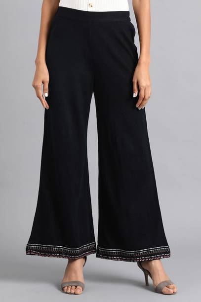 Women Regular Fit Blue Wool Trousers
