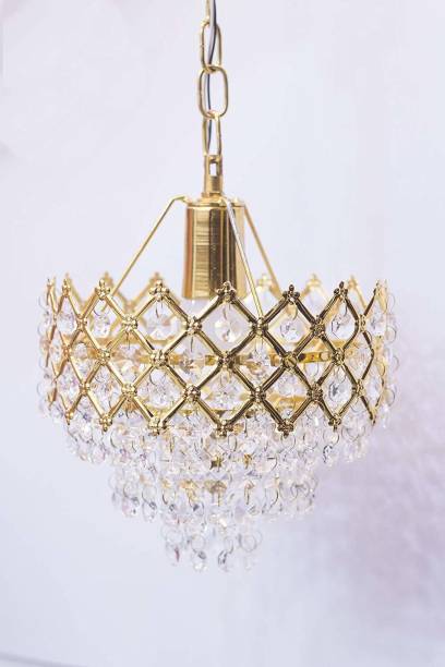 RENOY Glass octagon Beads 02- Metal golden Decorative chandelier Lights Hanging Crystal Pendant Ceiling Lamp (Golden)(PACK OF 1 WITH BULB) Chandelier Ceiling Lamp