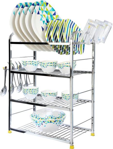 FORTUNE BLU Cutlery Kitchen Rack Steel Stainless Steel 4 Layer Shelf Wall Mount Kitchen Dish Rack | Utensils Rack with Plate & Cutlery Stand | Modular Kitchen Storage Rack | Kitchen Organizer