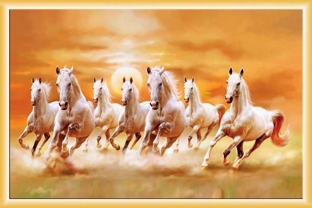 'vastu Poster'' White 7 Horse vastu Painting, beautiful Seven Horse Running At Sunrise, Wall poster, Wall Painting, Washable canvas Poster, Natural print painting, Home Decor, Office Décor Canvas Art
