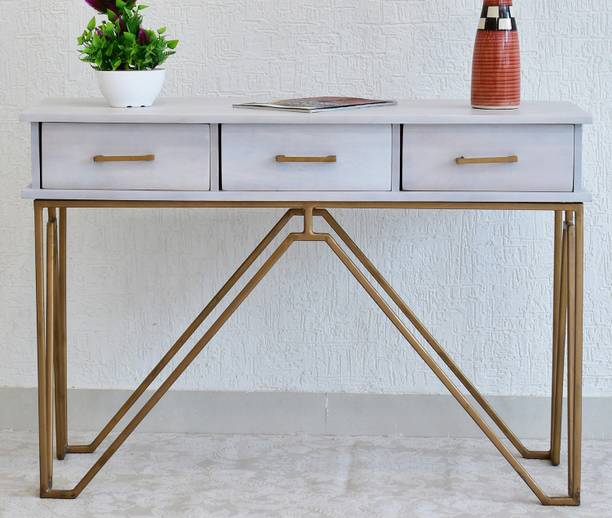 SamDecors Solid Wood 3 Drawer CASINO Console Hall Table White with golden Finish Iron Frame Solid Wood Console Table