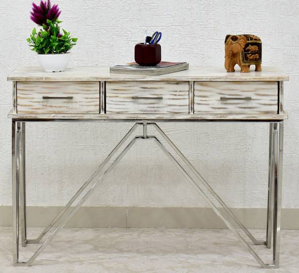SamDecors Solid Wood 3 Drawer CASINO Console Hall Table rustic distressed white with silver Finish stainless steel Frame Solid Wood Console Table
