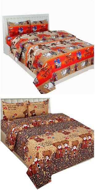 Mashiva Polycotton Double Fitted & Flat 150 TC Printed 2 Bedsheets with 4 Pillow Covers