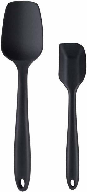Baskety Silicone Non-Stick Heat Resistant Kitchen Utensil| Spatula Spoon Big 27cm+Spatula Small 20.6cm|Set of 2 BLACK Non-Stick Spatula