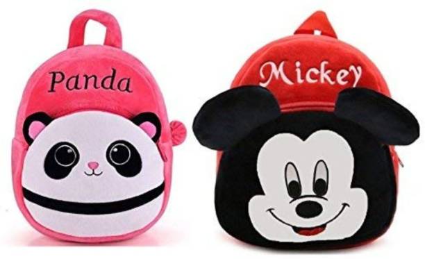 Blue Tree Kid's School Bagpack 3-5 Years Cartoons Soft Toy Bag Combo Panda Mickey Pack of 2 Gift for Kids School Bag