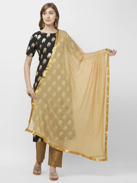 DUPATTA BAZAAR Chiffon Embellished Gold Women Dupatta