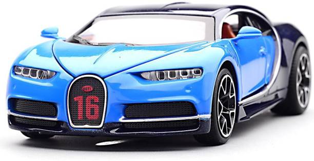 Learn With Fun 1:32 Scale Die-cast Metal Model Blue Bugatti Chiron Sport Pull Back Car Toy with Openable Doors, Light and Sound Effects for Boys Girls Kids