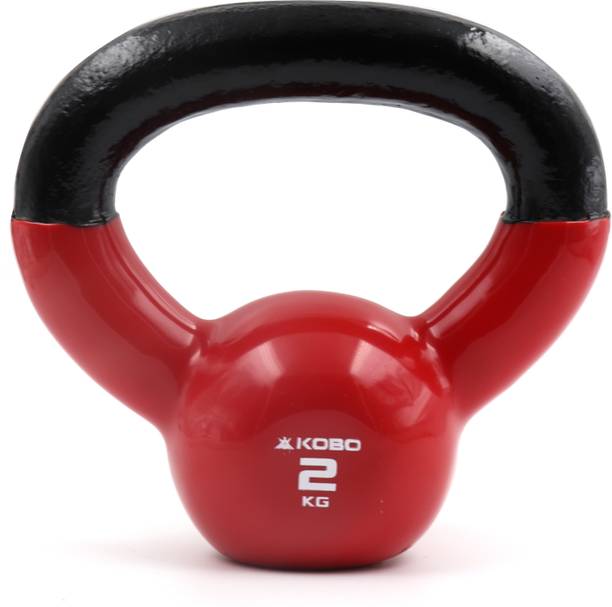KOBO 2 Kg Vinyl Coated Cast Iron With Wide Handles Exercise Fitness Workout (IMPORTED) Red Kettlebell