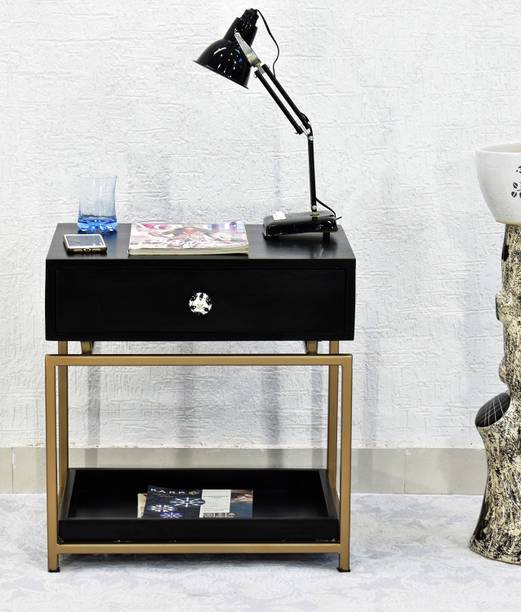 SamDecors Solid Wood One Drawer with Tray at Bottom Eve Side/Bedside Table Black with Golden Finish Iron Frame Solid Wood Side Table