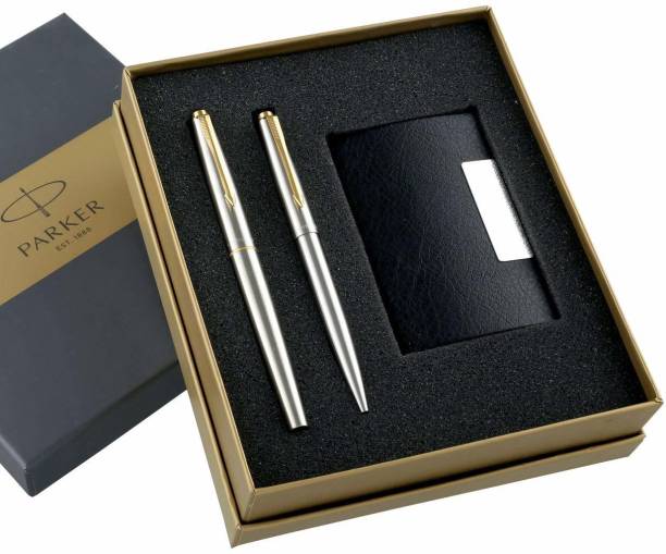 PARKER Galaxy Stainless Steel Ball Pen+Roller Ball Pen Gold Trim + Card Holder Gift Set Ball Pen