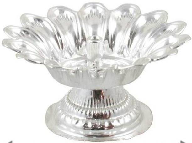 GoldGiftIdeas Silver Plated Lotus Diya Pooja Thali Set Silver Plated Table Diya