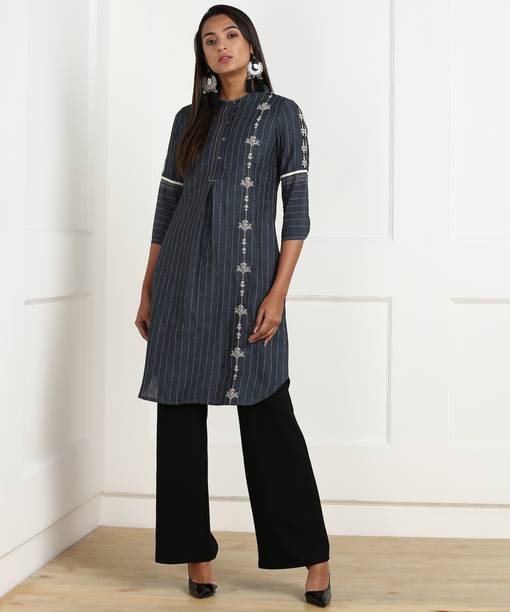 Striped, Embroidered Linen Blend A-line Kurta for Women