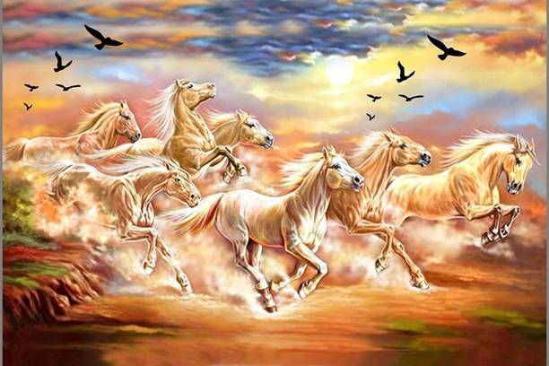 ''vastu Poster'' White 7 Horse vastu Painting, beautiful Seven Horse Running At Sunrise, Wall Sticker, Wall Painting, Washable Vinyl Sticker Poster, Natural Sticker, Home Decor, Office Decor Photo Fine Art Print