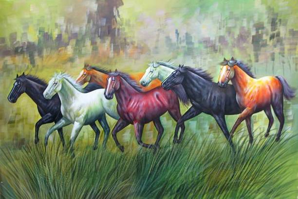 Vastu Seven Lucky Running Horses Painting Poster Fully Waterproof Vinyl Sticker Print for Living Room,Bedroom,Office,Kids Room,Hall Fine Art Print