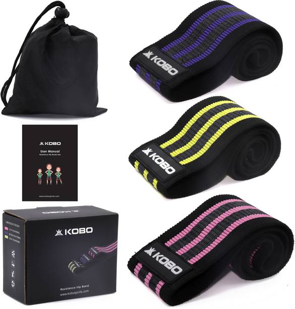 KOBO Set of 3 Fabric Hip Loop Bands 3" Wide Non Slip with Travel Bag & Workout Guide Fitness Band
