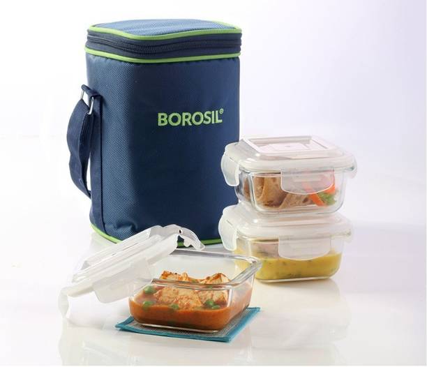 BOROSIL present Square 3 Glass Container with microwave safe, leak proof 3 Containers Lunch Box