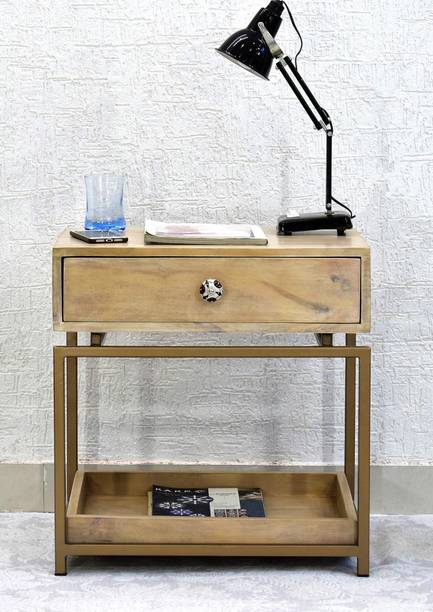 SamDecors Solid Wood One Drawer with Tray at Bottom Eve Side/Bedside Table White with Golden Finish Iron Frame Solid Wood Side Table