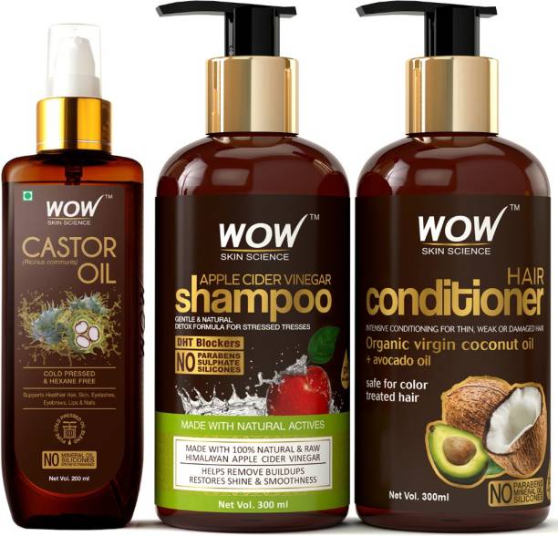 WOW SKIN SCIENCE Complete Hair Strengthening Kit - (Castor Oil + Apple Cider Vinegar Shampoo + Hair Conditioner)700mL