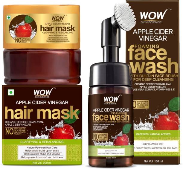 WOW SKIN SCIENCE Skin Brightening Kit - (Apple Cider Vinegar Foaming Face Wash with brush + Apple Cider Vinegar Hair Mask) 300mL