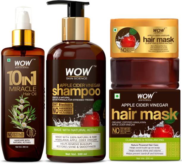 WOW SKIN SCIENCE Lush & Lustrous Hair Kit - (10 in 1 Miracle Hair Oil + Apple Cider Vinegar Shampoo + Apple Cider Vinegar Shampoo Hair Mask)700mL