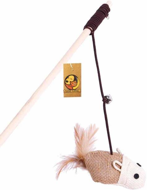 Foodie Puppies Cat Teaser Playing Stick & Feather Interactive Teasing Wand Toy with Rod Length 40 cm, Rope Length 67cm (Mouse Bell) Wooden Stick For Cat