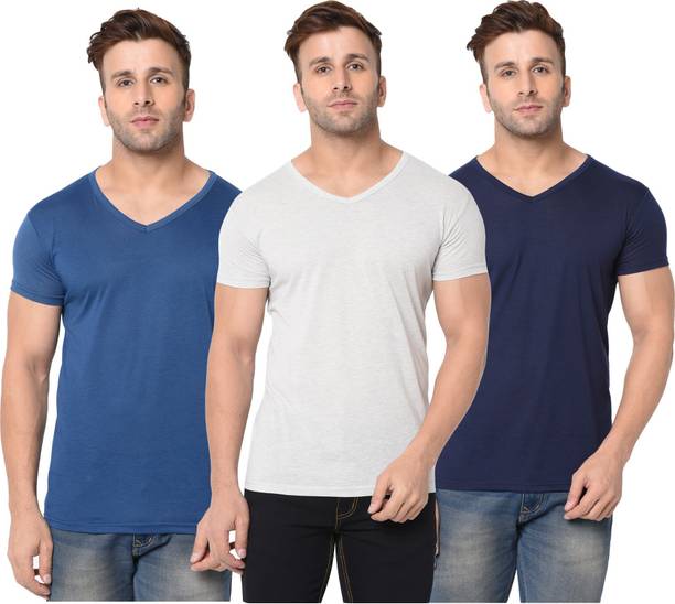 Pack of 3 V_Neck Solid T_Shirt For Regular Use Men Solid V Neck Cotton Blend Dark Blue, Blue, Grey T-Shirt