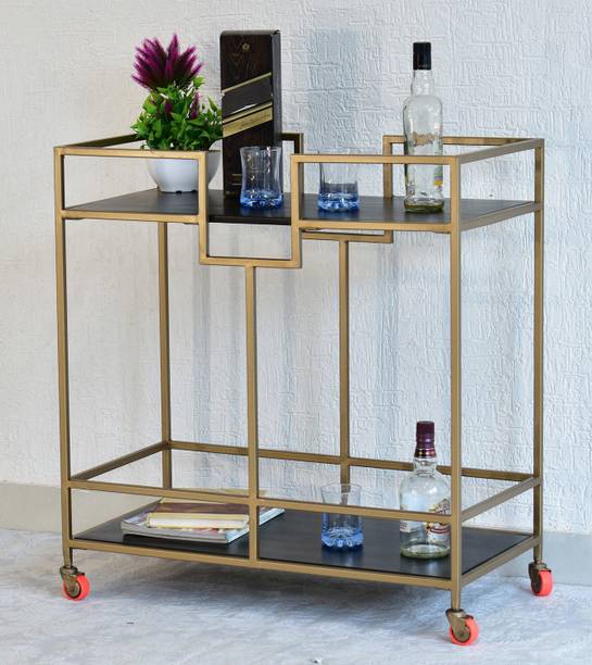 SamDecors Solid Wood Kelly Multipurpose Bar Trolley with Wheels with Two Shelves in Black Finish and Iron Frame in Golden Finish Solid Wood Bar Trolley