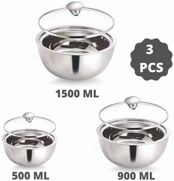 फेस्टडेको Stainless Steel Double Wall Insulated Curry Server- 500ml, 900ml, 1500ml, Set of 3 Silver 3 का पैक सर्व कैसरोल सेट