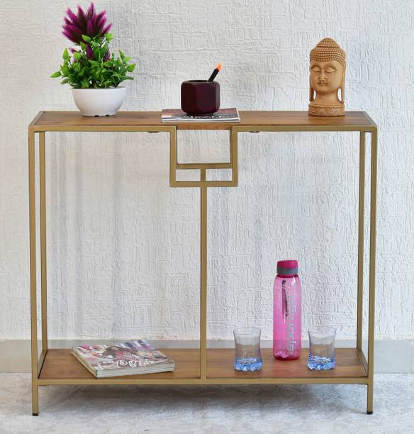 SamDecors Solid Wood Kenny Multipurpose Console Hall Table with Two Shelves in Natural Brown Finish and Iron Frame in Golden Finish Solid Wood Console Table