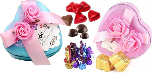 Kinoki Pink and Light Blue Metal Heart Shape Chocolate Boxes valentine Gift Truffles