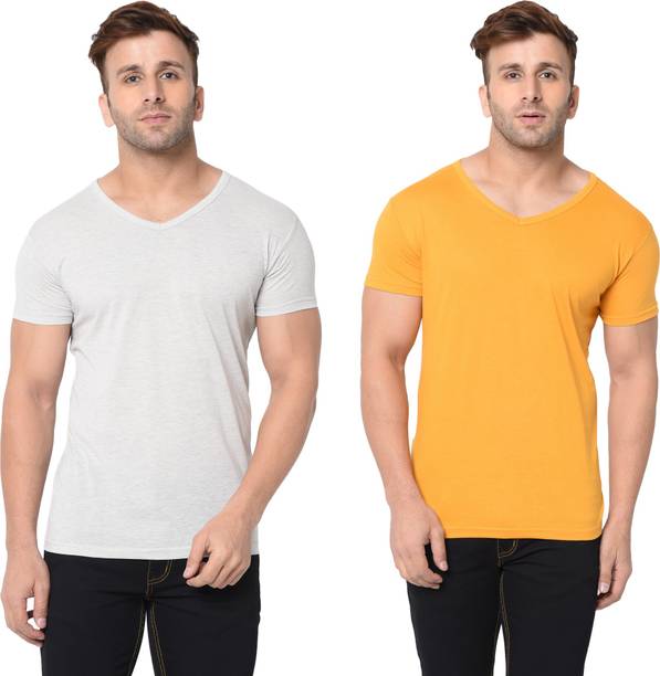 Pack of 2 Men Solid V Neck Cotton Blend Grey, Yellow T-Shirt