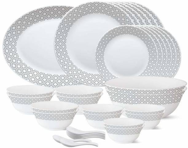 बोरोसिल Black Grey Cone Tiara {{1-Piece 13" Rice Plate}} {{6-Piece 11" Full Plate}} {{6- Piece 7" Quarter Plate}} {{6- Piece 4.5" Veg Bowl}} {{2-Piece 8" Serving Bowl}} {{6-Piece 5" Soup Bowl}} {{6- Piece Spoons}} 33 का पैक डिनर सेट