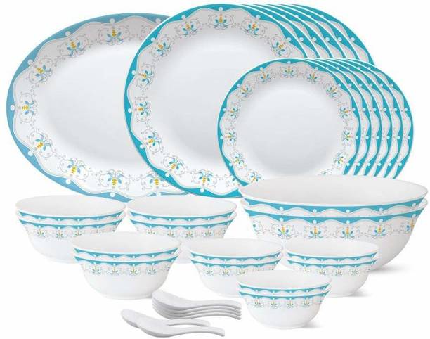 बोरोसिल Royal Jade {{1-Piece 13" Rice Plate}} {{6-Piece 11" Full Plate}} {{6- Piece 7" Quarter Plate}} {{6- Piece 4.5" Veg Bowl}} {{2-Piece 8" Serving Bowl}} {{6-Piece 5" Soup Bowl}} {{6- Piece Spoons}} 33 का पैक डिनर सेट