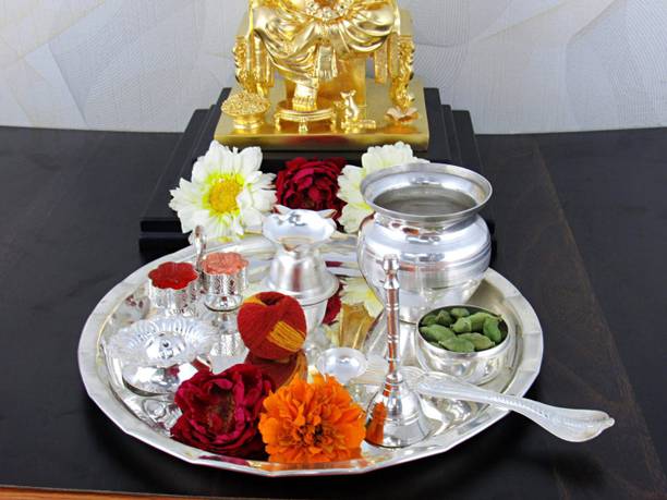 GoldGiftIdeas 8 Inch Kalash Pooja Thali Silver Plated