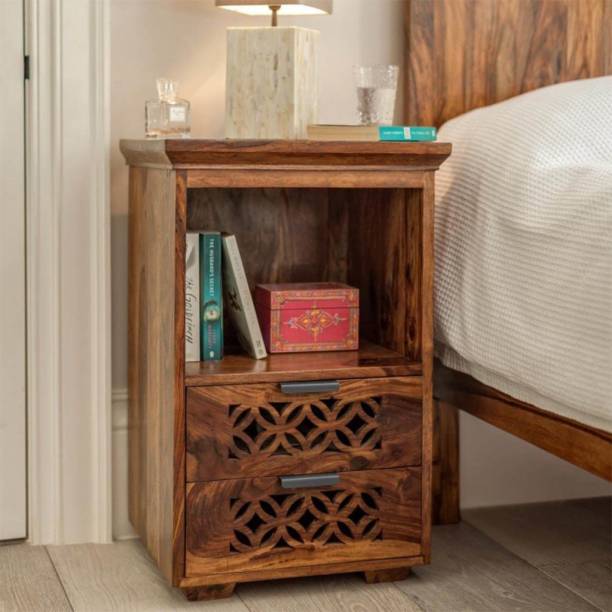 DriftingWood Wooden Bedside Table for Bedroom | Side Table with 2 Drawers Storage Solid Wood Bedside Table