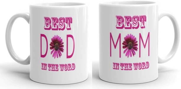 Gift4You Best Mom Dad in The World Printed Set of 2 Coffee & Tea Cup Gift For Mother, for Father 618 Ceramic Coffee Mug