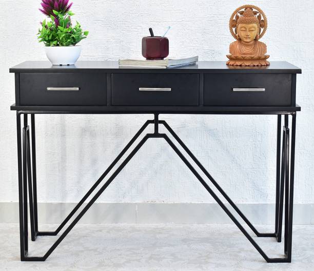 SamDecors 3 Drawer CASINO Console Hall Table Black Finish Iron Frame Solid Wood Console Table