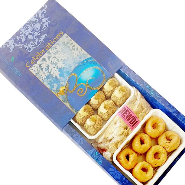 Ghasitaram Gifts Lohri Sweets - Til Laddoo, Revadi and Khajoor Hamper Box