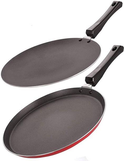 NIRLON Nonstick Cookware 3 Layer combo Set of Roti Concave Tawa 28.5cm & Crispy Dosa Flat Tawa 27.5 cm (Red & Black) कुकवेयर सेट