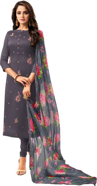 Semi Stitched Cotton Blend Kurta & Churidar Material Solid, Embroidered, Printed