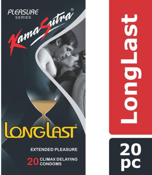 Kamasutra Pleasure Series Condoms for Men, LongLast Condoms, Contains Active Ingredient for Climax Delay, Dotted Texture, 20 Premium Condoms Condom