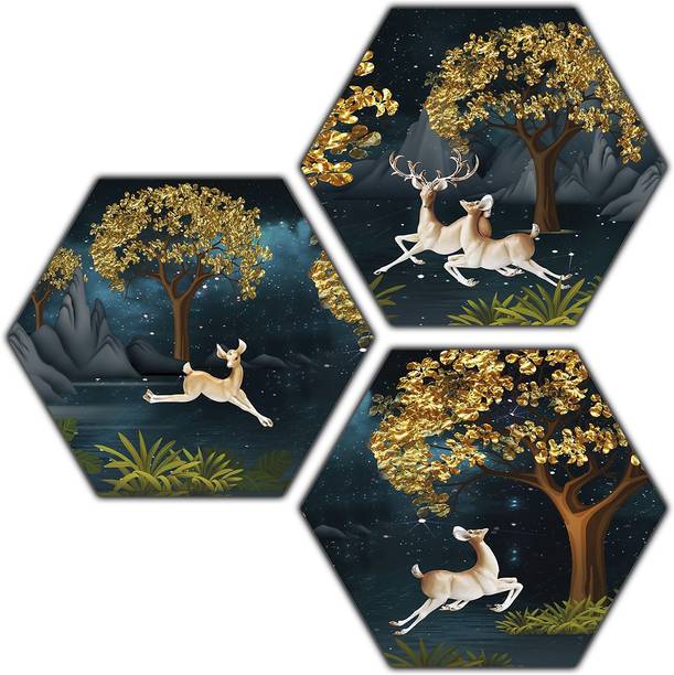 Poster N Frames Poster And Frame Hexagon Scenery With Deer | Home Decoration |Best Gift Option Digital Reprint 21.5 inch x 21.5 inch Painting