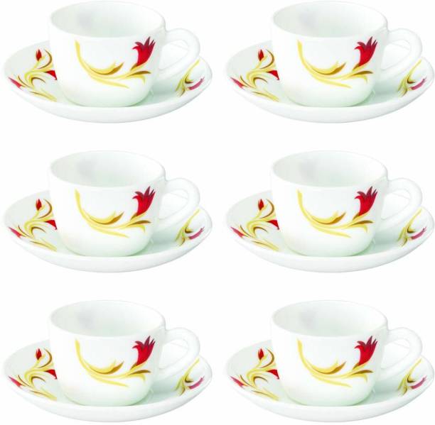 BOROSIL Pack of 12 Opalware Larah By Borosil Red Lily Cup Saucer Set