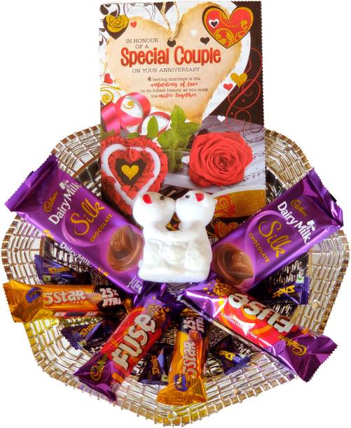 Cadbury Cute Anniversary Basket Gift Hamper | Adorable Card with Cute Love birds and lots of Chocolates Combo