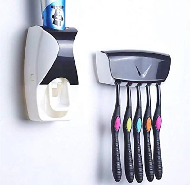 Krishna Product Wall Mounted Plastic Dust Proof Automatic Toothpaste Dispenser and Detachable Hole 5 Toothbrush Holder Plastic Toothbrush Holder