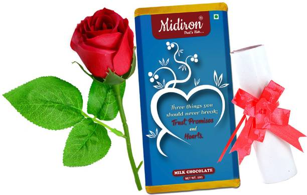 Midiron Trust, Promise, Heart Quoted Milk Chocolate Bar with Artificial Rose and Love Letter for Valentine Day Gift set For Girlfriend and Wife Plastic Gift Box