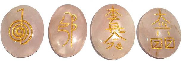 REIKI CRYSTAL PRODUCTS Rose Quartz Cabochon Reiki Symbol Set Reiki Healing Stone 4 piece Set Natural Crystal Gemstone for Healing and Increase Energy Decorative Showpiece  -  3 cm