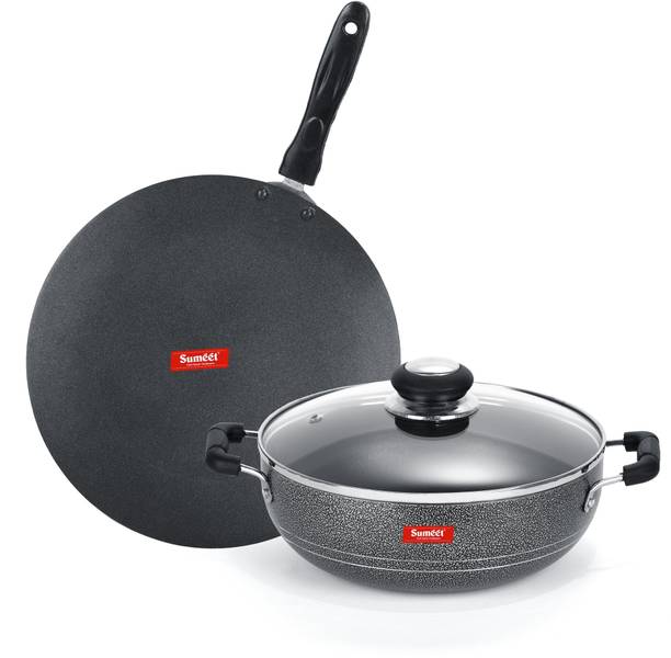 Sumeet NonStick Airgead Cookware Set (Kadhai With Glass Lid -2Ltr - 22Cm Dia + Conceve / Roti Tawa - 28Cm Dia) Non-Stick Coated Cookware Set